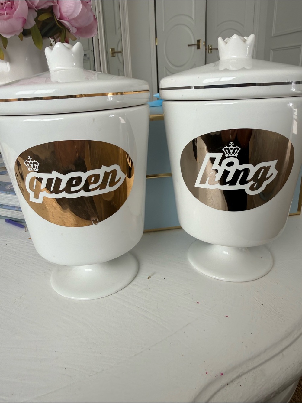 Queen & King Ceramic Canister Set - White and Gold